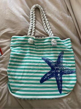 Striped Green & White Beach Tote with Navy Starfish